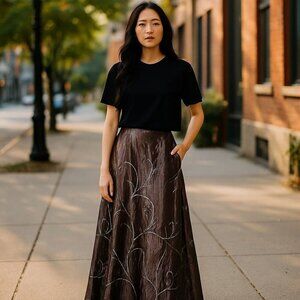NWT Patra Beaded Metallic Maxi Skirt Brown 6 High Waist Formal Embroidered